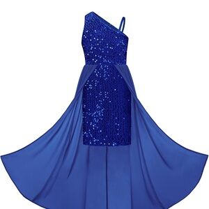 Elegant Blue Sequin Big  Kids Dress